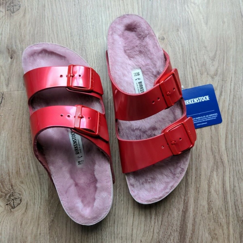 Birkenstock Dark Pink-Red Arizona Sandals with Light Pink Shearling Footbed - Picture 7 of 14